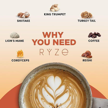 RYZE Organic Mushroom Coffee, Medium Roast, Adaptogenic Blend, 30 Servings
