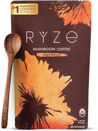 RYZE Organic Mushroom Coffee, Medium Roast, Adaptogenic Blend, 30 Servings