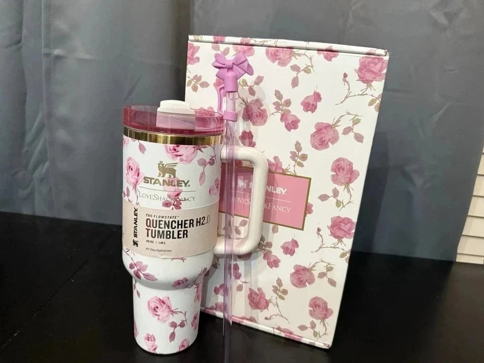 Stanley x LoveShackFancy 40oz Ribbon Rosa Flowstate H2.0 Tumbler White & Pink