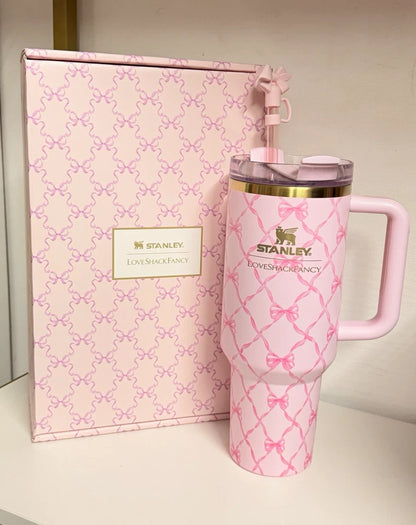 Stanley LoveShackFancy Pink Bow 40 oz Insulated Tumbler w/ Handle Lid Straw