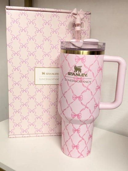 Stanley LoveShackFancy Pink Bow 40 oz Insulated Tumbler w/ Handle Lid Straw