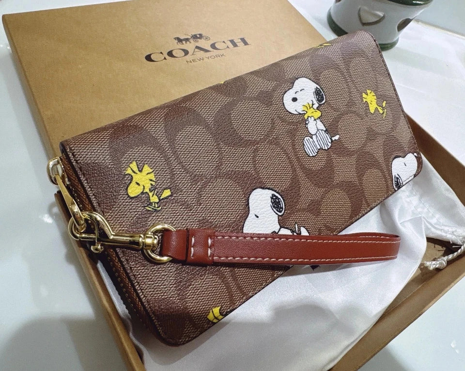 COACH x PEANUTS Long Zip around Wallet Snoopy Woodstock Khaki Signature