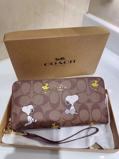 COACH x PEANUTS Long Zip around Wallet Snoopy Woodstock Khaki Signature
